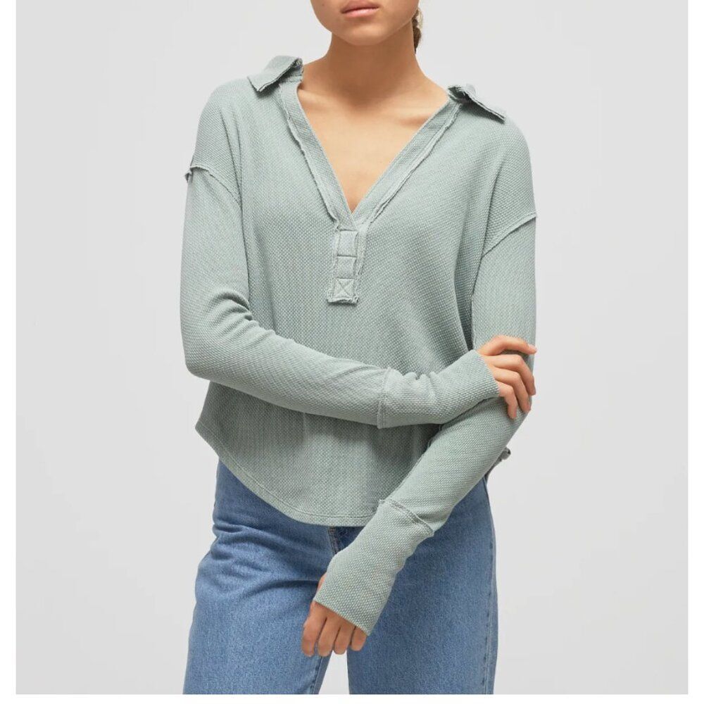 Free People Anakin Thermal Long Sleeve Top Size XS in Blue